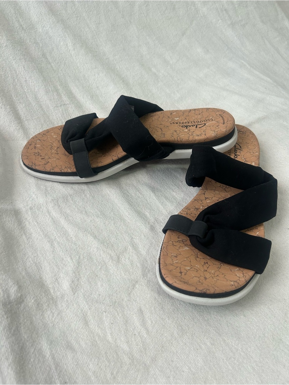 Clarks Black Knotted Slide Sandals with Cork-Pattern Footbed